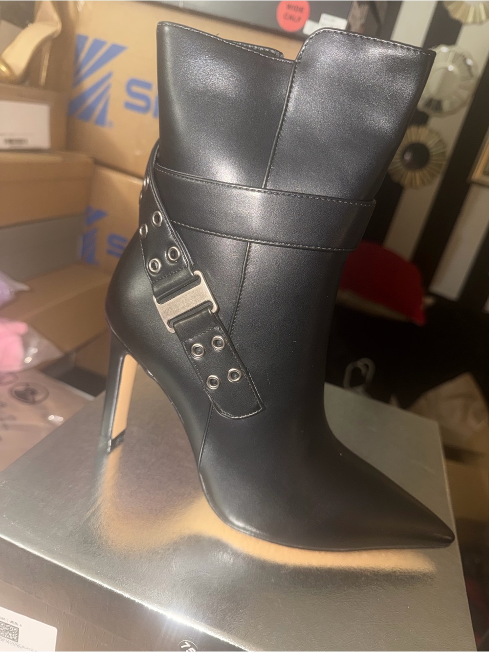 Black Pointed Stiletto Ankle Boot with Buckle Strap